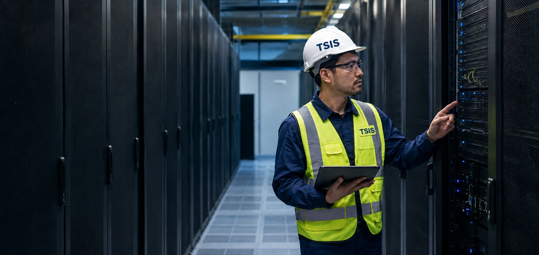 TSIS technician inspecting equipment in a data center