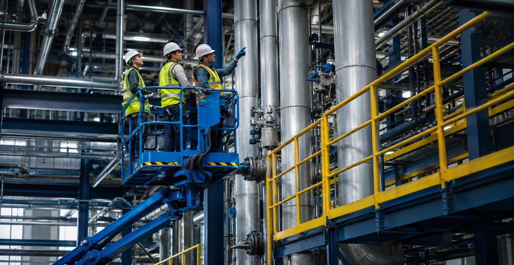 TSIS technicians inspecting industrial piping from an elevated work platform